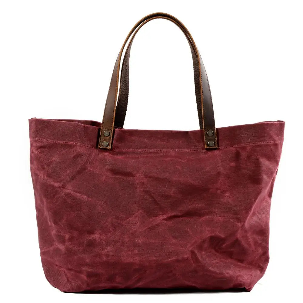 HKM-545555 Large Capacity Waterproof Oil Wax Canvas Handbag with Cowhide Trim - Versatile Shoulder Tote Bag