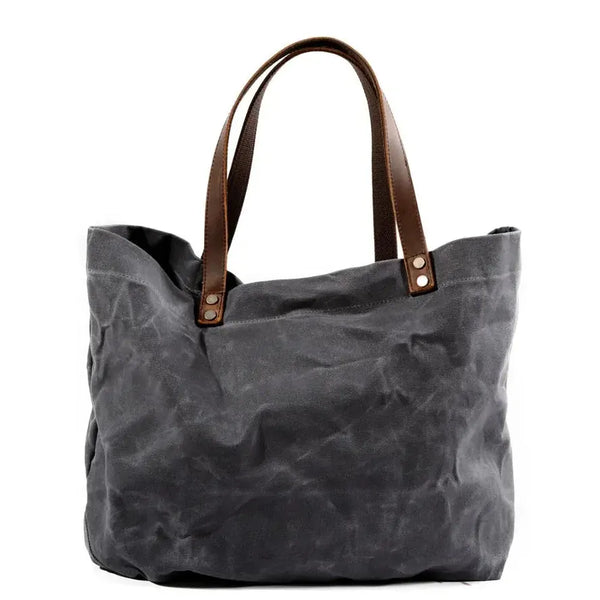 HKM-545555 Large Capacity Waterproof Oil Wax Canvas Handbag with Cowhide Trim - Versatile Shoulder Tote Bag