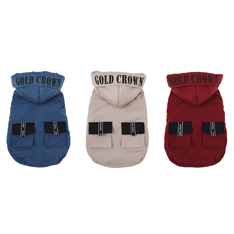 HKM-5456573 Cozy Cotton Hooded Pet Dress for Autumn and Winter in Lake Blue, Milky White, Brick Red
