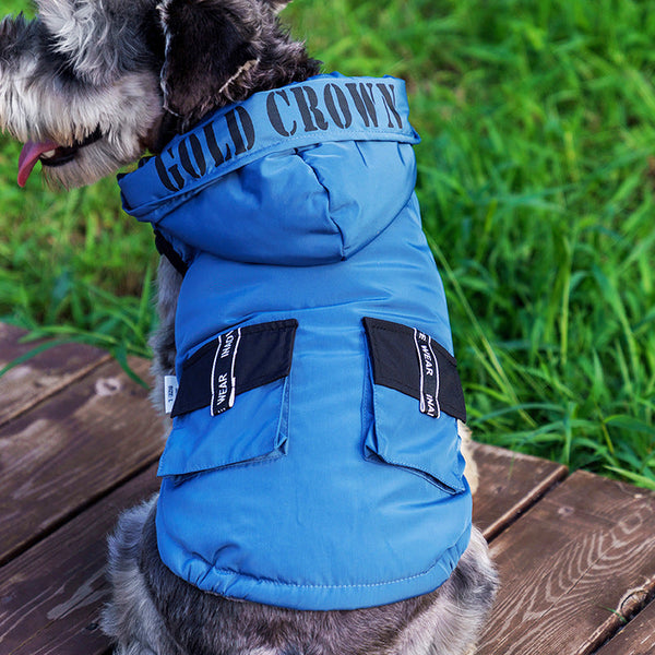 HKM-5456573 Cozy Cotton Hooded Pet Dress for Autumn and Winter in Lake Blue, Milky White, Brick Red