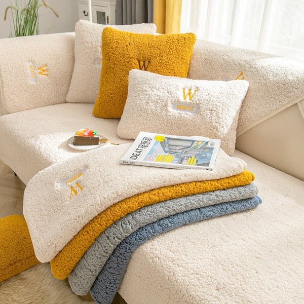 HKM-545811 Lambswool Thickened Fleece Non-Slip Sofa Cover – Multiple Colors & Sizes Available