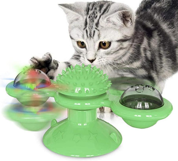 HKM-546003 Interactive Cat Toy with Catnip and LED Light - Suction Cup Windmill Design for Indoor Cats