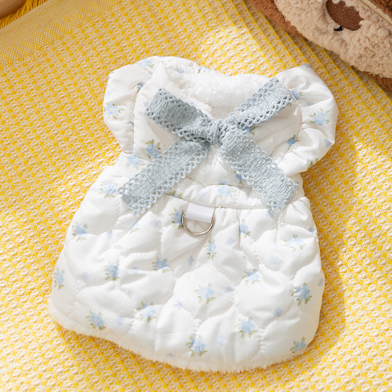 HKM-5466301 Winter Dog Dress with Bow Decoration and Flannel Lining for Small Dogs