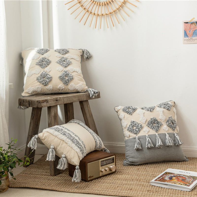 HKM-547027 Cotton Canvas Tassel Square Pillow Cover for Cozy Home Decor