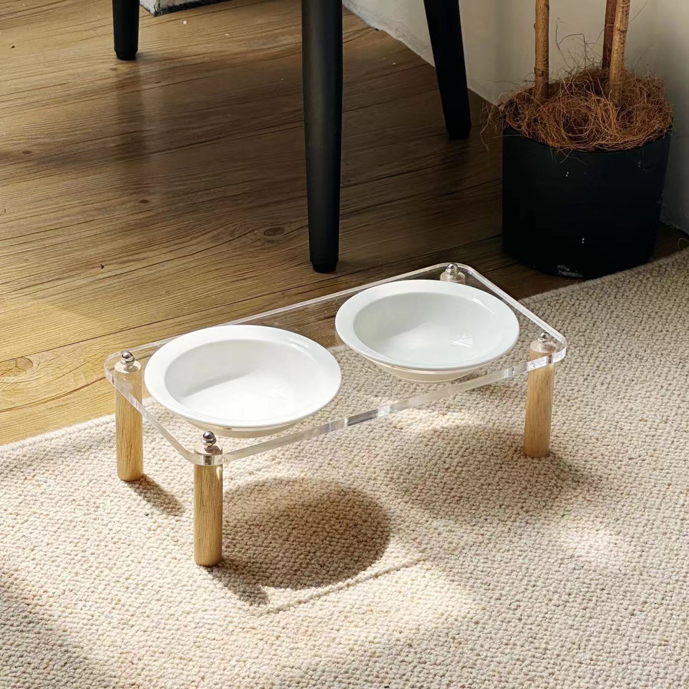 HKM-5471293 Elevated Ceramic Cat Bowl and Dog Basin with Wooden Rack ¨C Anti-Tumble Design in Various Colors