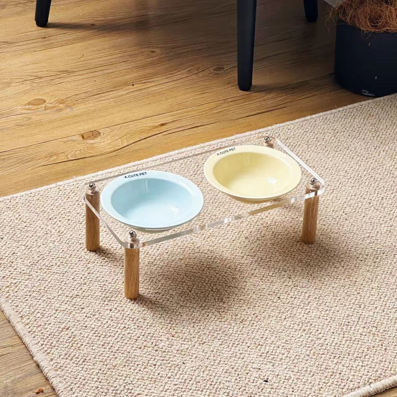 HKM-5471293 Elevated Ceramic Cat Bowl and Dog Basin with Wooden Rack ¨C Anti-Tumble Design in Various Colors
