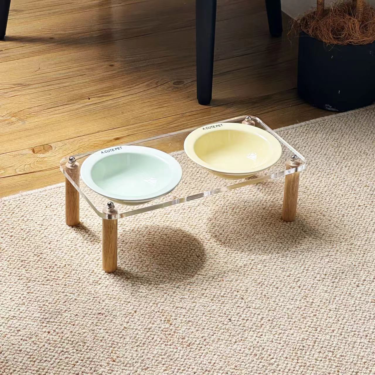 HKM-5471293 Elevated Ceramic Cat Bowl and Dog Basin with Wooden Rack ¨C Anti-Tumble Design in Various Colors