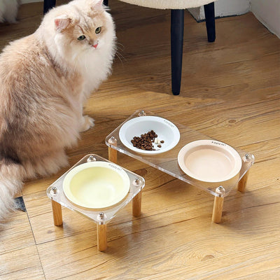 HKM-5471293 Elevated Ceramic Cat Bowl and Dog Basin with Wooden Rack ¨C Anti-Tumble Design in Various Colors