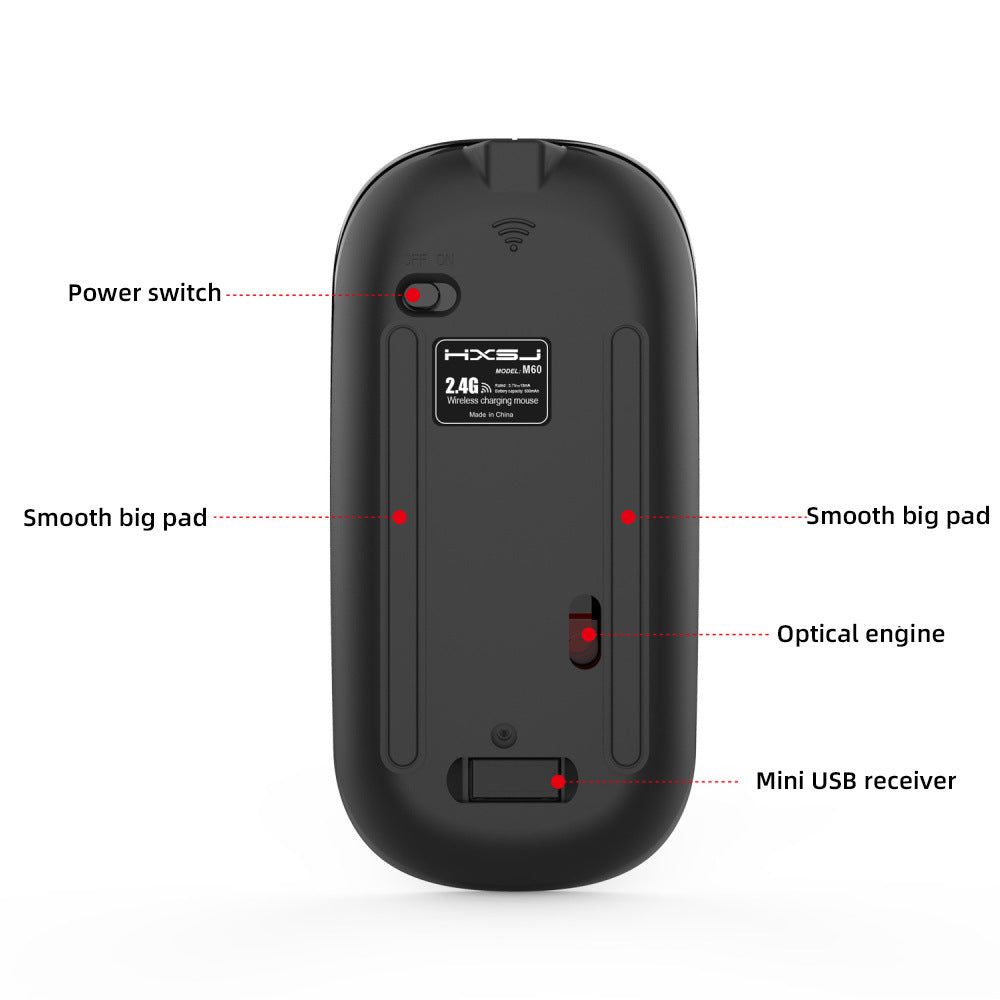 HKM-547475 Rechargeable Wireless Mouse M60 - Ergonomic Design, 2.4GHz Connection, 800-1600 DPI, ABS Material, Mute Operation, Black