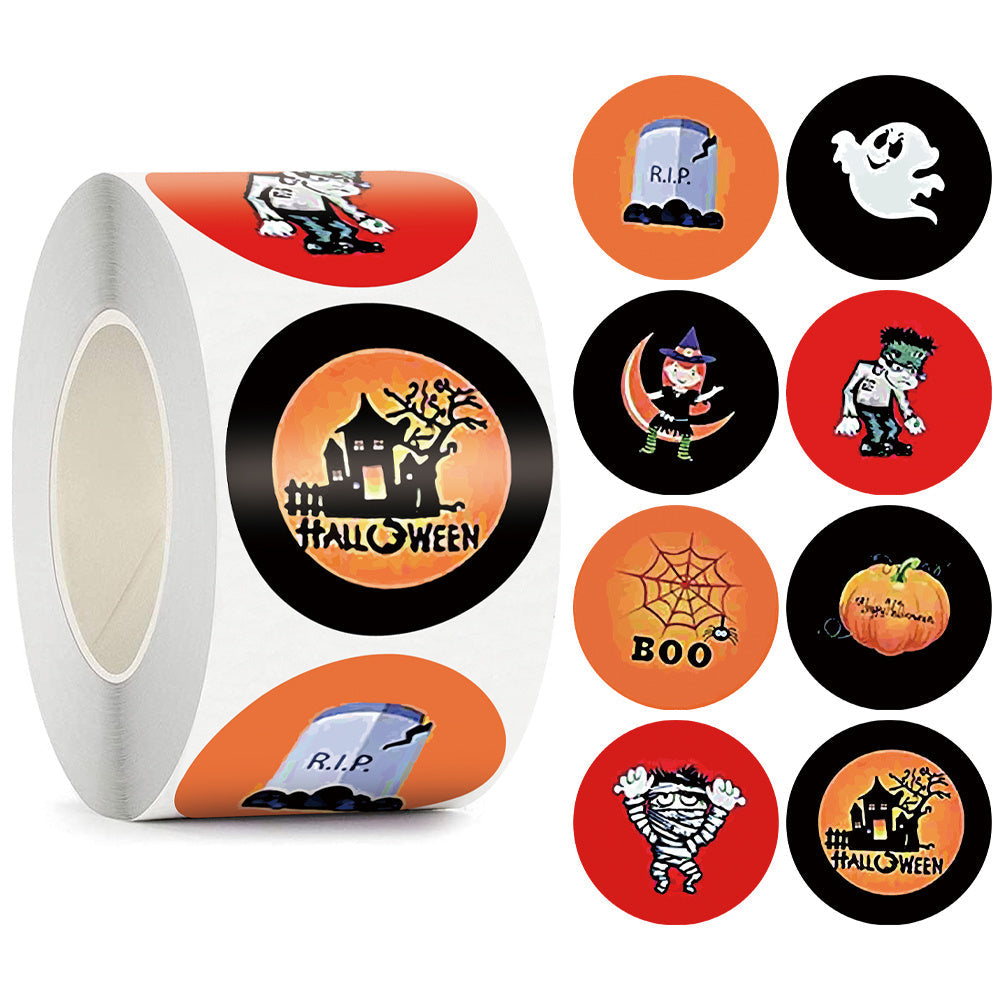HKM-547667 Happy Halloween Children's Toy Animal Sticker Labels - 500 Rolls, 1.5 Inches, Round Paper Design