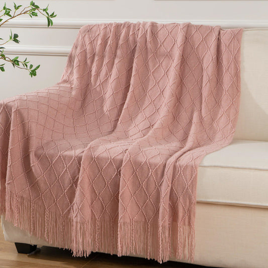 HKM-547795 Solid Color Knitted Tassel Blanket - Multiple Sizes and Colors Available