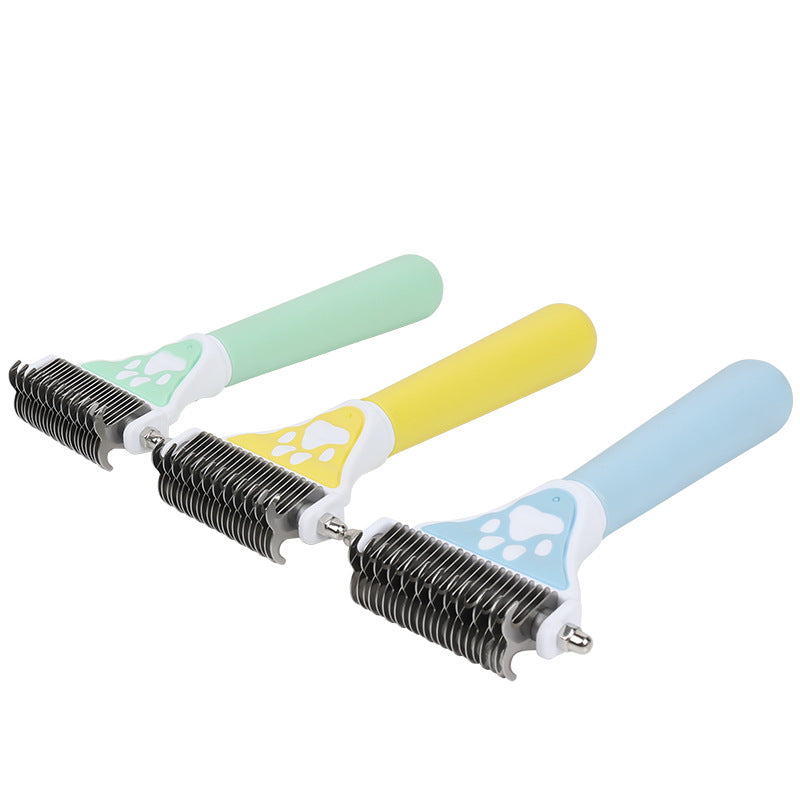 HKM-5478845 Pet Knot Untying Comb for Dogs and Cats - Durable Plastic and Metal Design in Yellow and Green