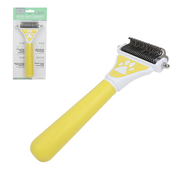 HKM-5478845 Pet Knot Untying Comb for Dogs and Cats - Durable Plastic and Metal Design in Yellow and Green