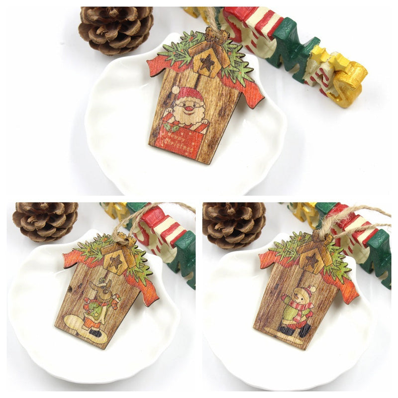 HKM-547923 Wooden House Shape Christmas Elk Pendant - Set of 3 Hanging Ornaments for Festive Home Decor