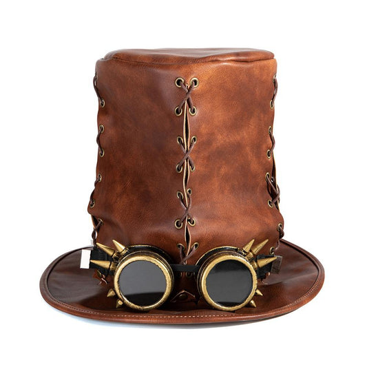 HKM-548243 Vintage Steampunk Top Hat in Brown PU Leather for Adults