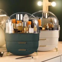 HKM-548691 360° Rotating Makeup Organizer with Lid and 2 Drawers – Space-Saving Skincare Storage Solution