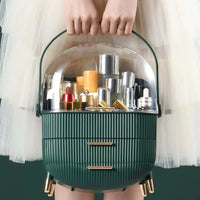 HKM-548691 360° Rotating Makeup Organizer with Lid and 2 Drawers – Space-Saving Skincare Storage Solution