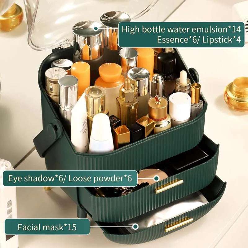 HKM-548691 360° Rotating Makeup Organizer with Lid and 2 Drawers – Space-Saving Skincare Storage Solution