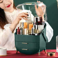 HKM-548691 360° Rotating Makeup Organizer with Lid and 2 Drawers – Space-Saving Skincare Storage Solution