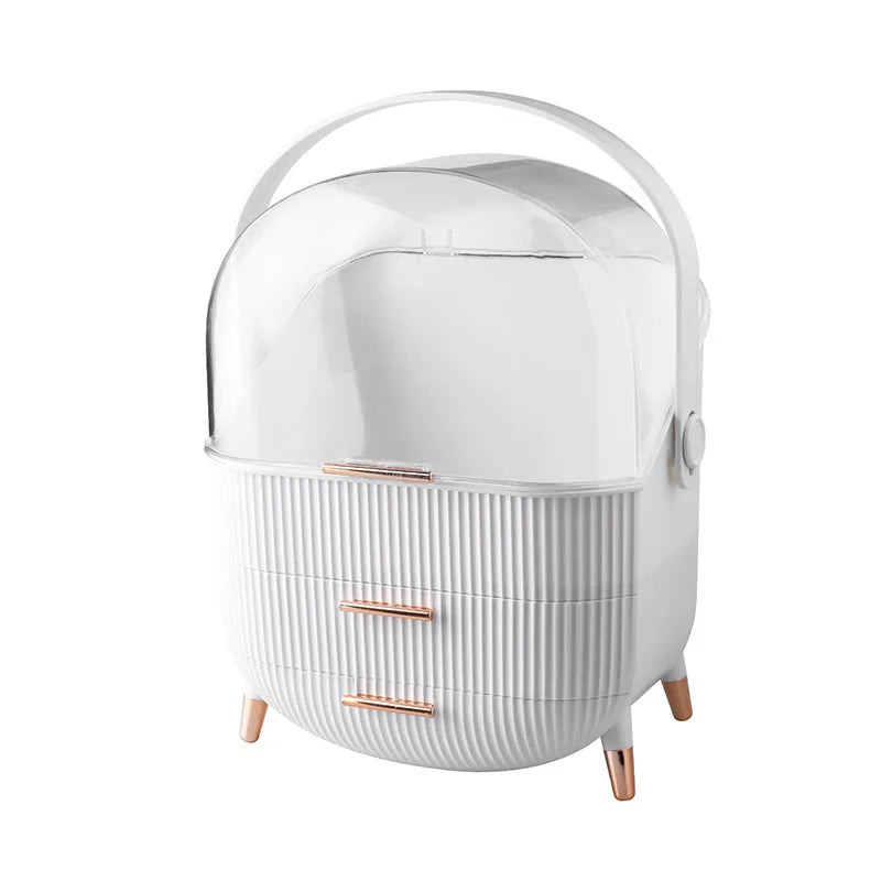 HKM-548691 360° Rotating Makeup Organizer with Lid and 2 Drawers – Space-Saving Skincare Storage Solution