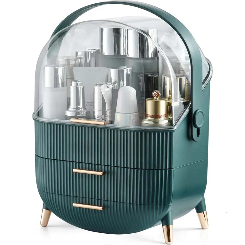 HKM-548691 360° Rotating Makeup Organizer with Lid and 2 Drawers – Space-Saving Skincare Storage Solution