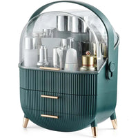 HKM-548691 360° Rotating Makeup Organizer with Lid and 2 Drawers – Space-Saving Skincare Storage Solution