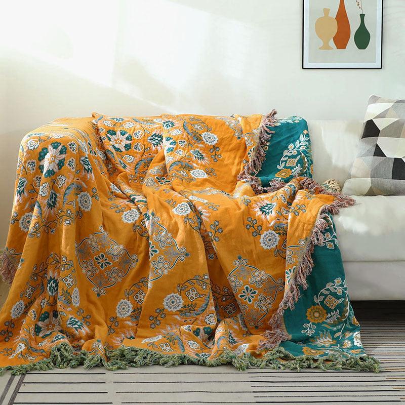HKM-549267 European Style Cotton Gauze Fringed Sofa Cover in Yellow Orange with Floral Pattern, 150x200cm and 200x230cm Options