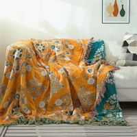 HKM-549267 European Style Cotton Gauze Fringed Sofa Cover in Yellow Orange with Floral Pattern, 150x200cm and 200x230cm Options