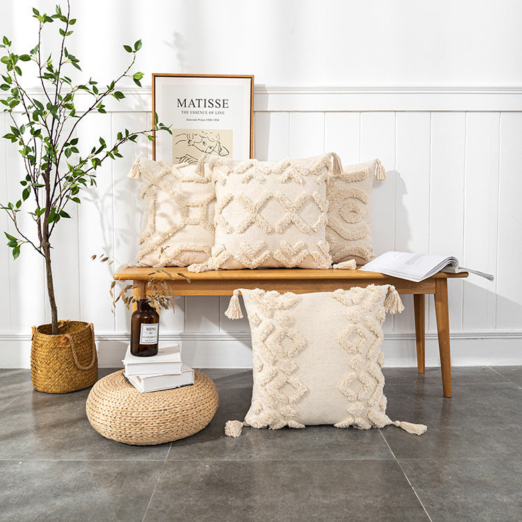 HKM-549331 Bohemian Geometric Tufted Cushion Cover with Tassels - Apricot Cotton Pillow Cover 45x45cm