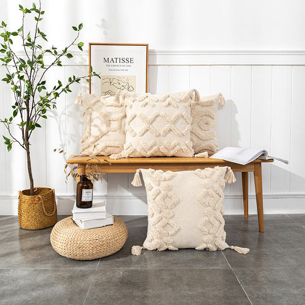 HKM-549331 Bohemian Geometric Tufted Cushion Cover with Tassels - Apricot Cotton Pillow Cover 45x45cm