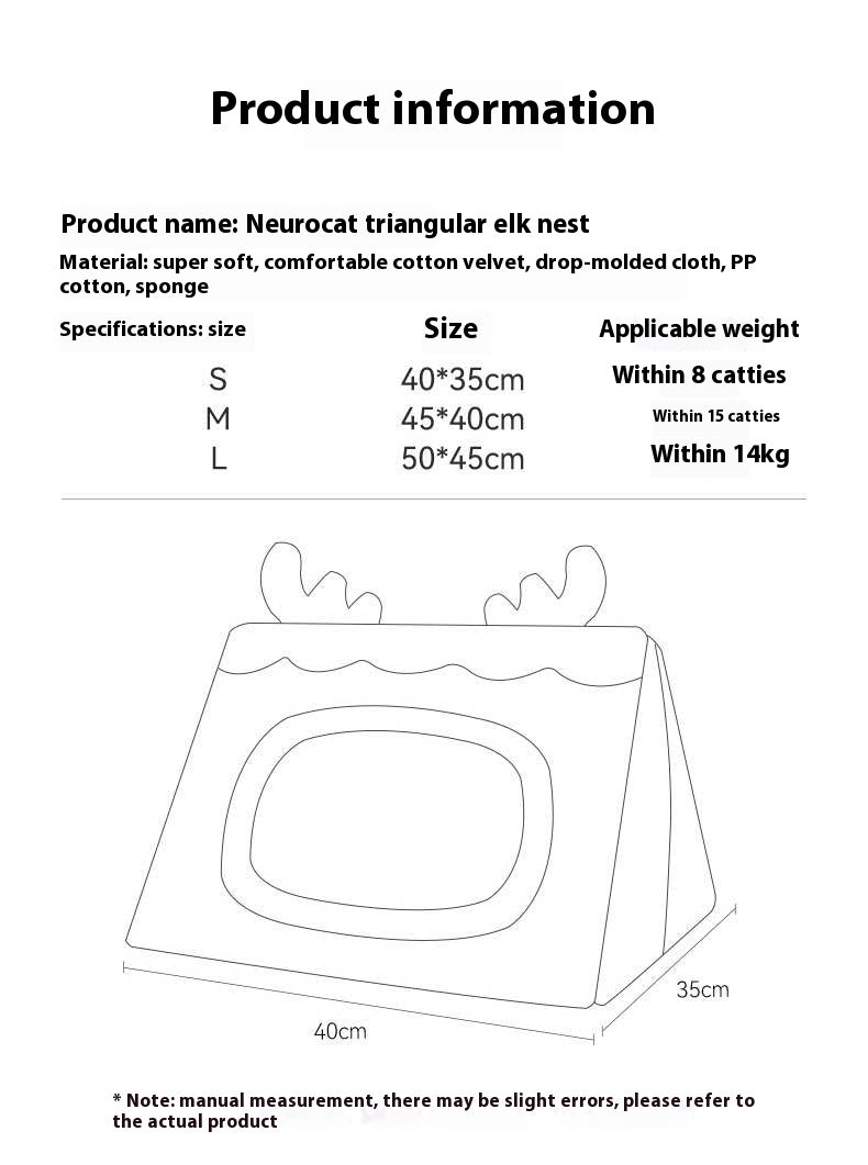 HKM-5494589 Cozy Triangle Elk Cat Nest for Autumn & Winter - Multiple Sizes Available