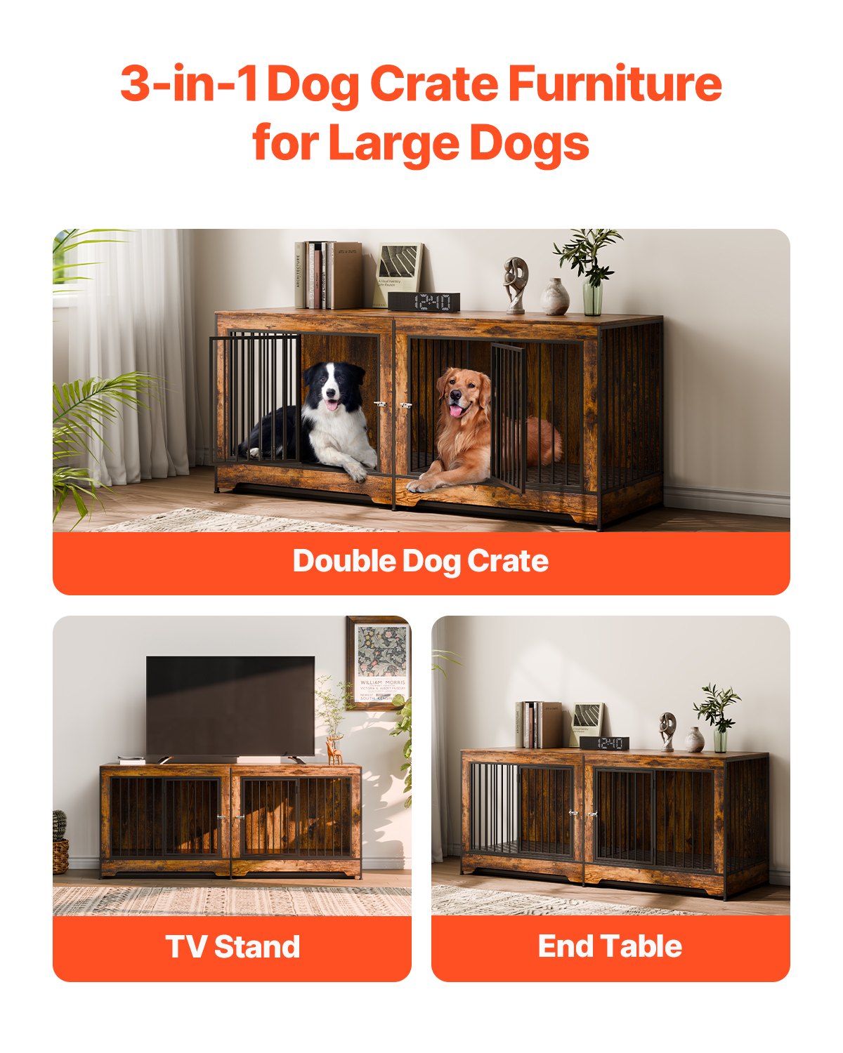 HKM-5498173 Indoor Wooden Dog Kennel with Divider and Dual Door Design for Two Dogs, 75 Inches