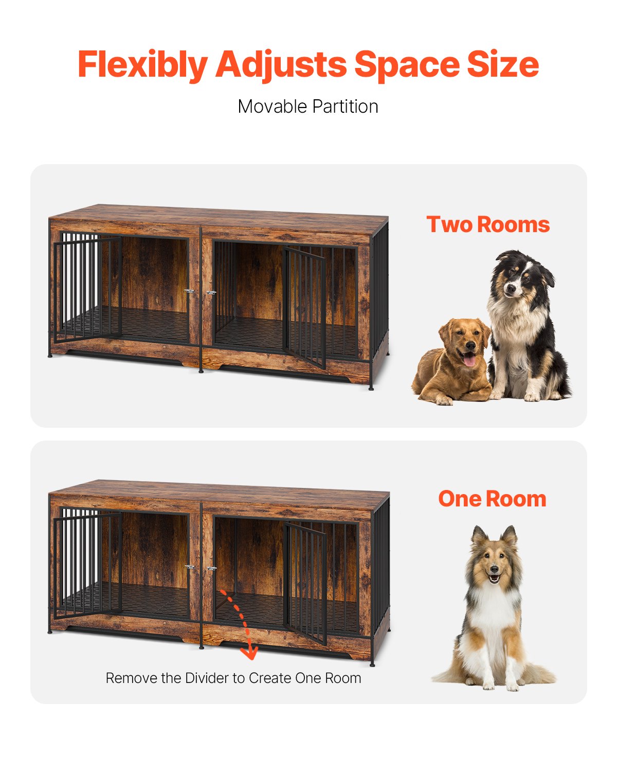 HKM-5498173 Indoor Wooden Dog Kennel with Divider and Dual Door Design for Two Dogs, 75 Inches