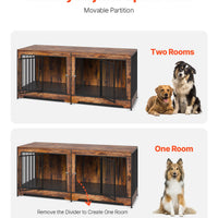 HKM-5498173 Indoor Wooden Dog Kennel with Divider and Dual Door Design for Two Dogs, 75 Inches