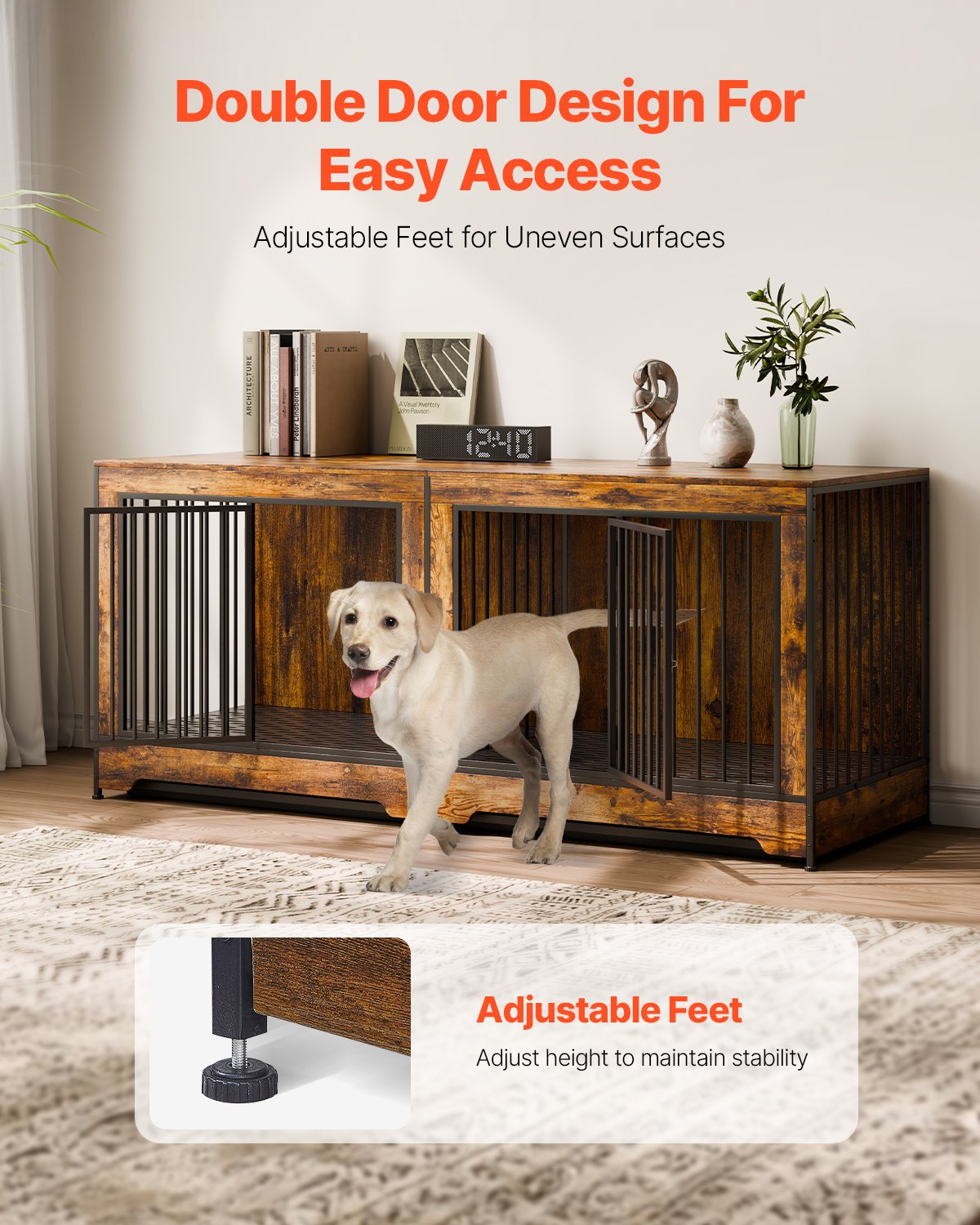 HKM-5498173 Indoor Wooden Dog Kennel with Divider and Dual Door Design for Two Dogs, 75 Inches