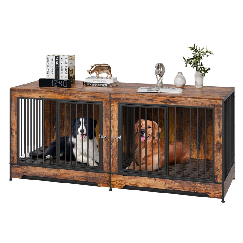 HKM-5498173 Indoor Wooden Dog Kennel with Divider and Dual Door Design for Two Dogs, 75 Inches