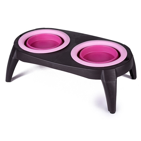 HKM-5498301 Folding Double Dog Bowl - Blue & Pink TPR Pet Feeder