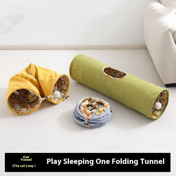 HKM-5499581 Cat Tunnel Toy for Stress Relief - 25 cm x 90 cm Composite Cloth, Green and Yellow