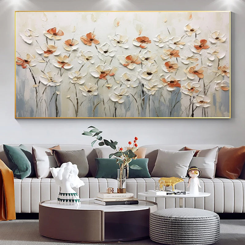 HKM-550035 Hand-Painted Abstract Little White Flower Canvas Oil Painting for Modern Home Decor