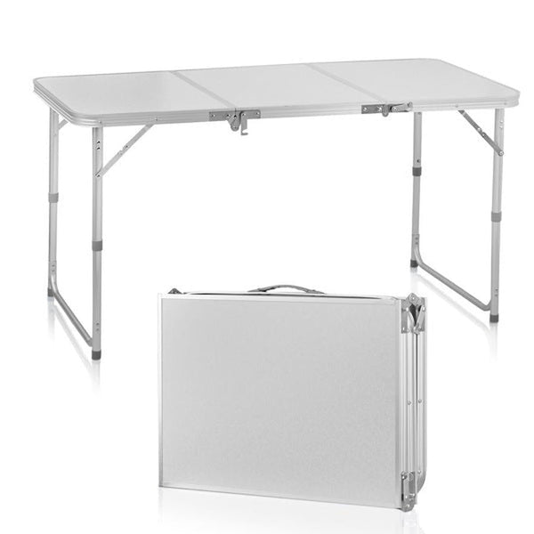 HKM-550291 Compact 4ft Silver Outdoor Folding Table - Aluminum Alloy, Lightweight Three-Fold Design, 30kg Capacity