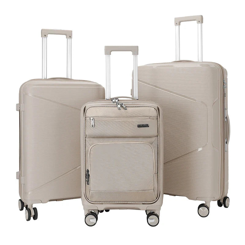 HKM-550483 Nylon Soft Luggage Set with Hard Combination Shell - 20, 24, and 28 Inch Suitcases with 4 Wheels