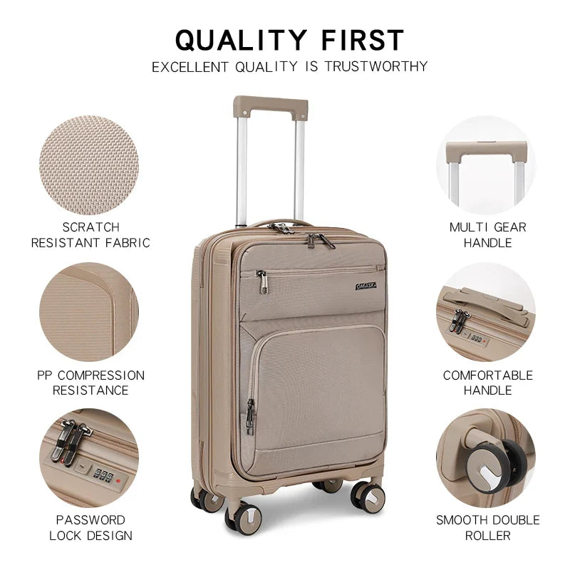 HKM-550483 Nylon Soft Luggage Set with Hard Combination Shell - 20, 24, and 28 Inch Suitcases with 4 Wheels