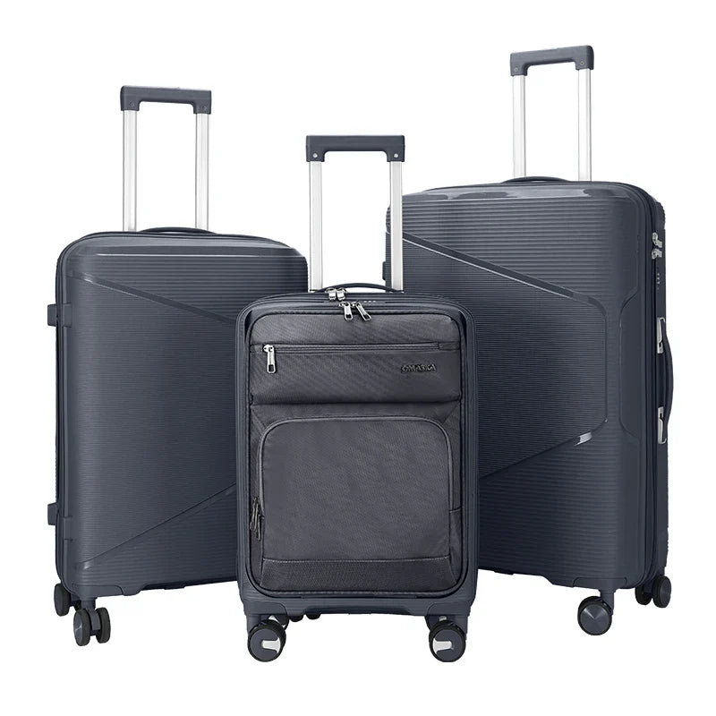 HKM-550483 Nylon Soft Luggage Set with Hard Combination Shell - 20, 24, and 28 Inch Suitcases with 4 Wheels