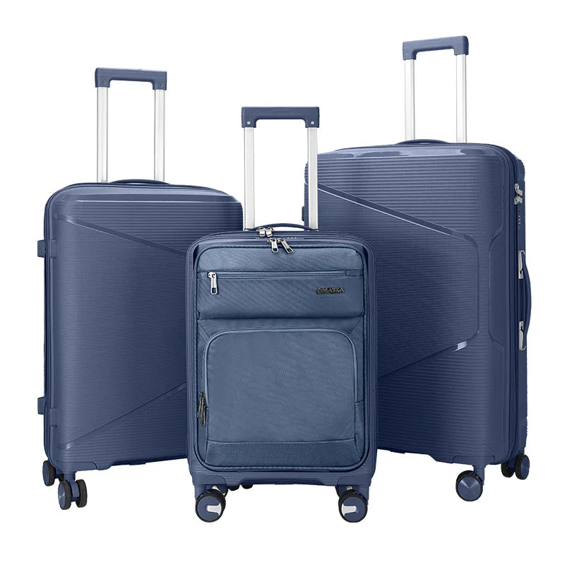 HKM-550483 Nylon Soft Luggage Set with Hard Combination Shell - 20, 24, and 28 Inch Suitcases with 4 Wheels