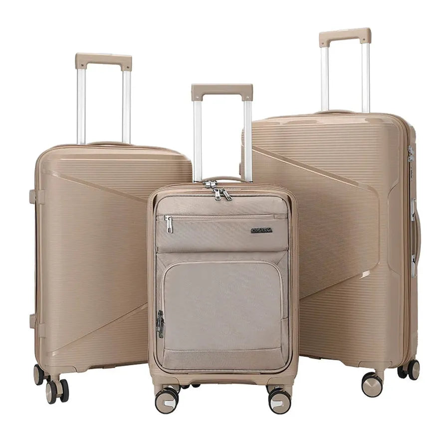 HKM-550483 Nylon Soft Luggage Set with Hard Combination Shell - 20, 24, and 28 Inch Suitcases with 4 Wheels