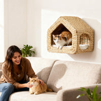 HKM-5509309 Wall-Mounted Cat House with Washable Cushion, Chic Seagrass Design for Small Spaces