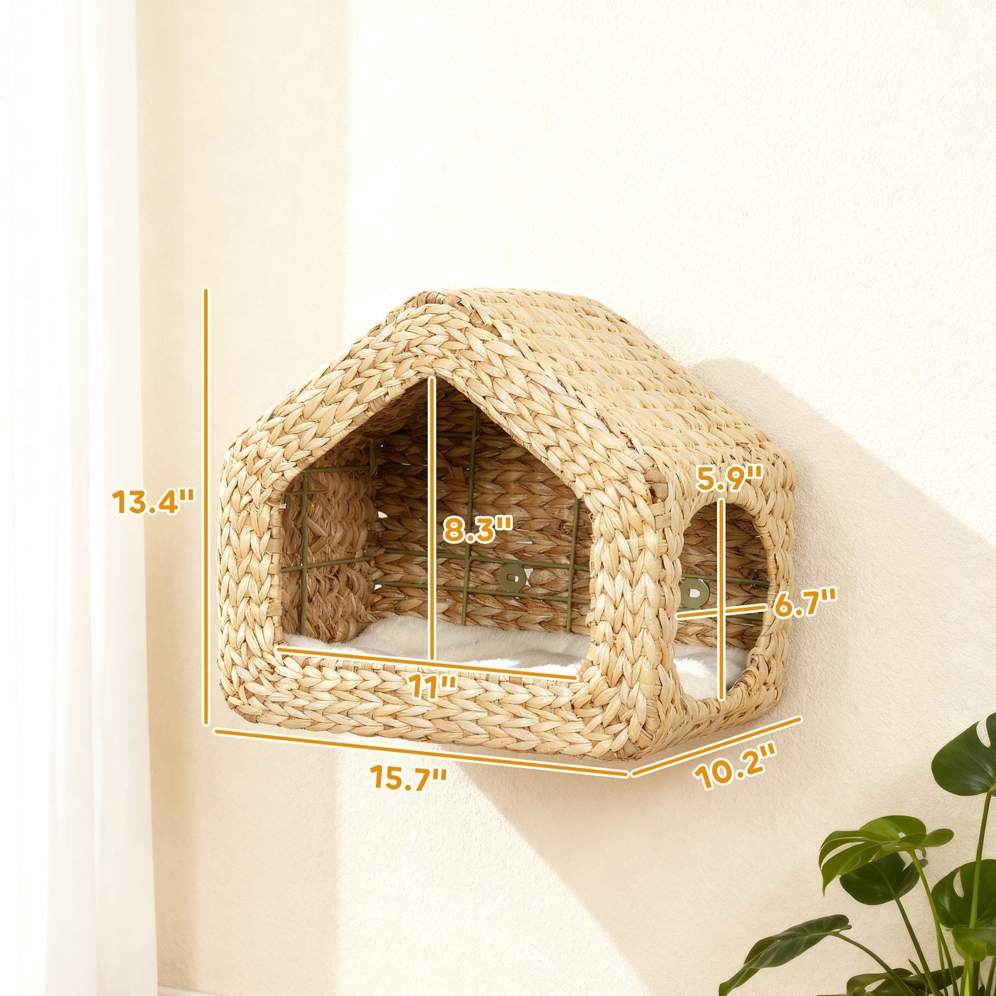 HKM-5509309 Wall-Mounted Cat House with Washable Cushion, Chic Seagrass Design for Small Spaces