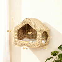 HKM-5509309 Wall-Mounted Cat House with Washable Cushion, Chic Seagrass Design for Small Spaces