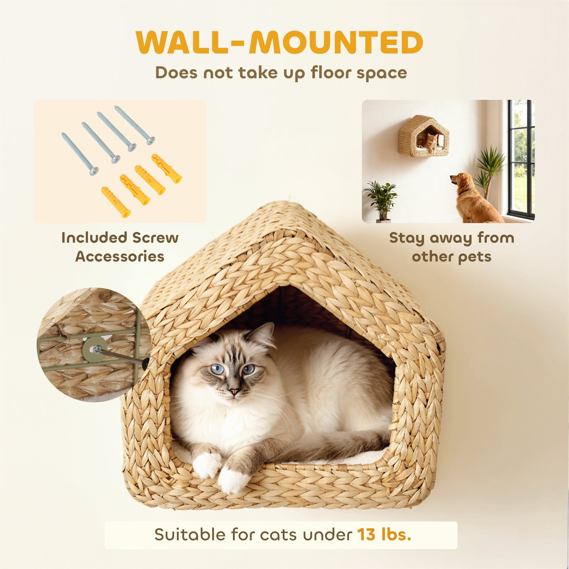 HKM-5509309 Wall-Mounted Cat House with Washable Cushion, Chic Seagrass Design for Small Spaces