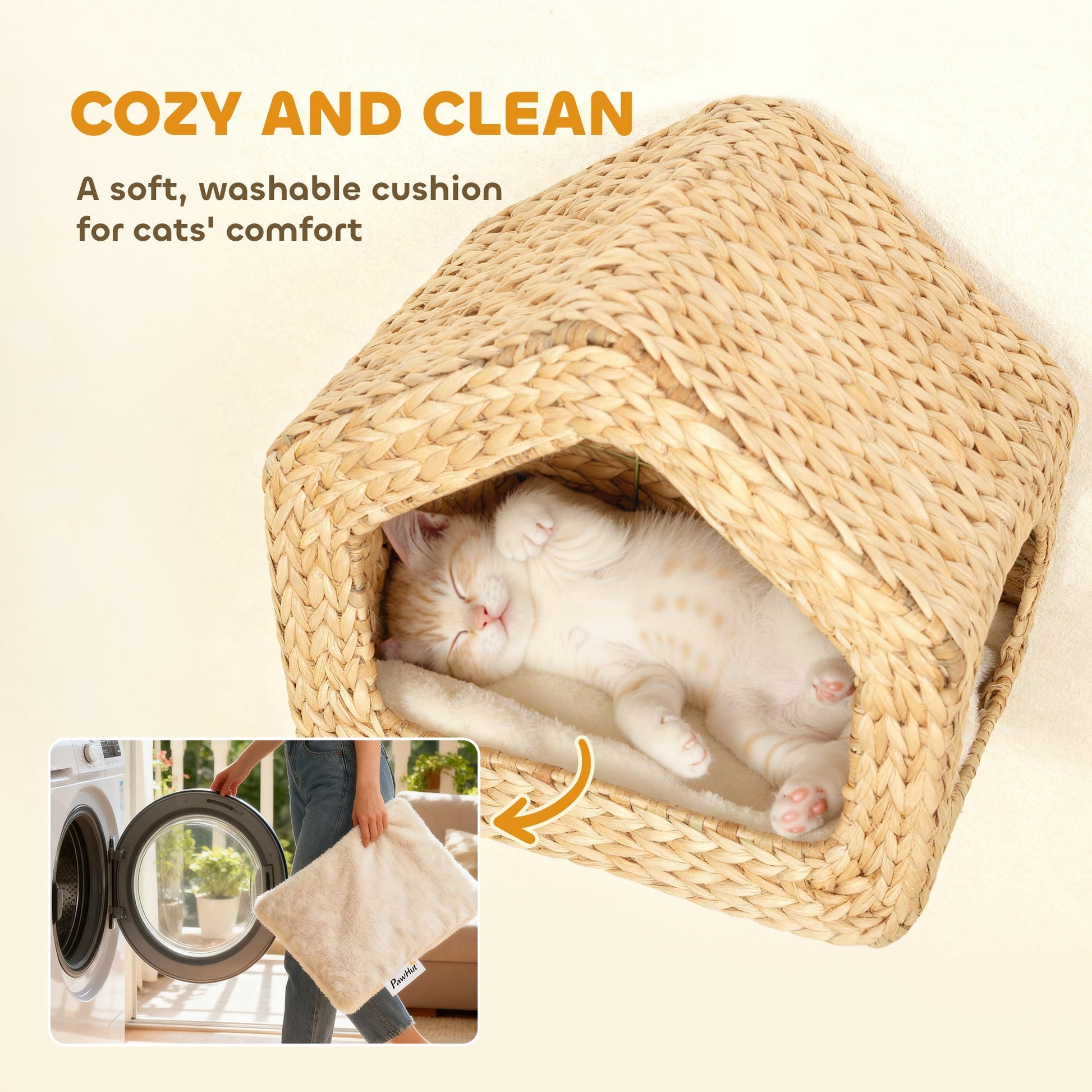 HKM-5509309 Wall-Mounted Cat House with Washable Cushion, Chic Seagrass Design for Small Spaces